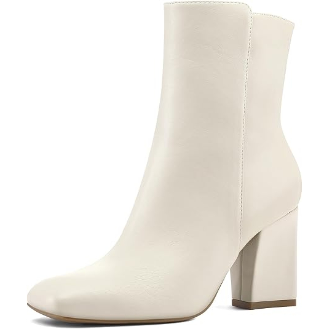 Chic women's mid-calf booties with chunky block heel and square toe. Side zip for easy on/off, very stylish.
