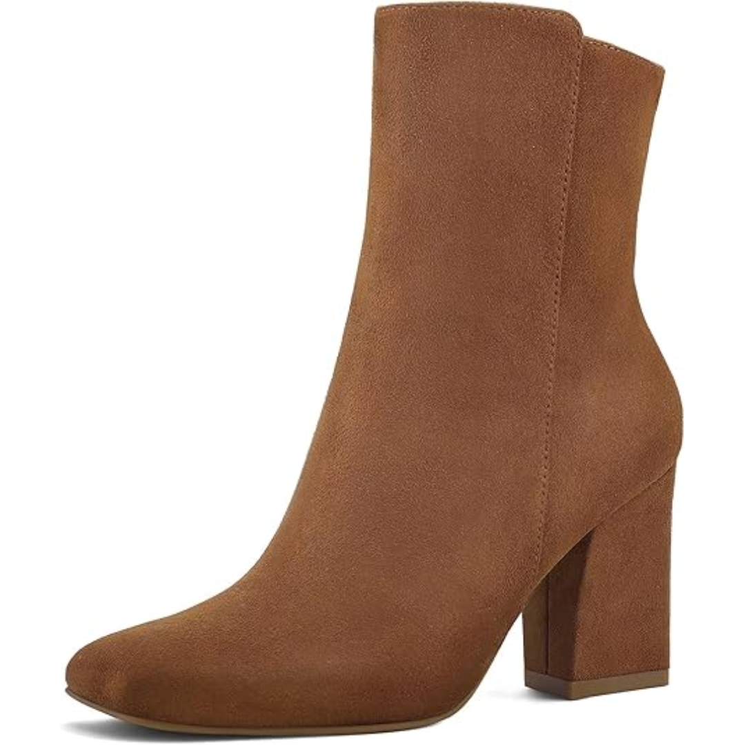Women's comfortable chunky block heel ankle boots, square toe design, and practical side zip. Dressy fall boots.