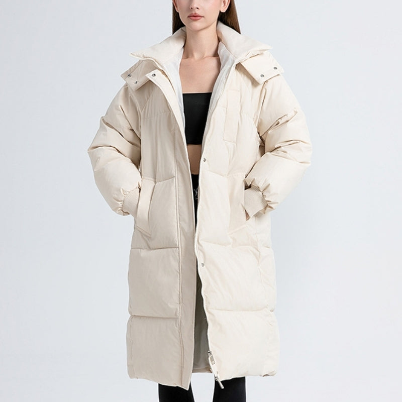 Warm women's long puffer jacket. The Cortina offers cozy fashion & protection against cold winter weather.