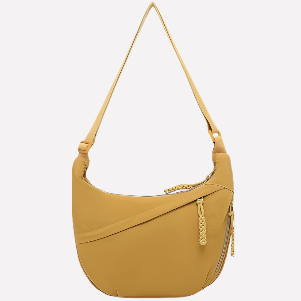 Women's fashion crescent shoulder bag with unique braided detail, offering a stylish and comfortable carry.