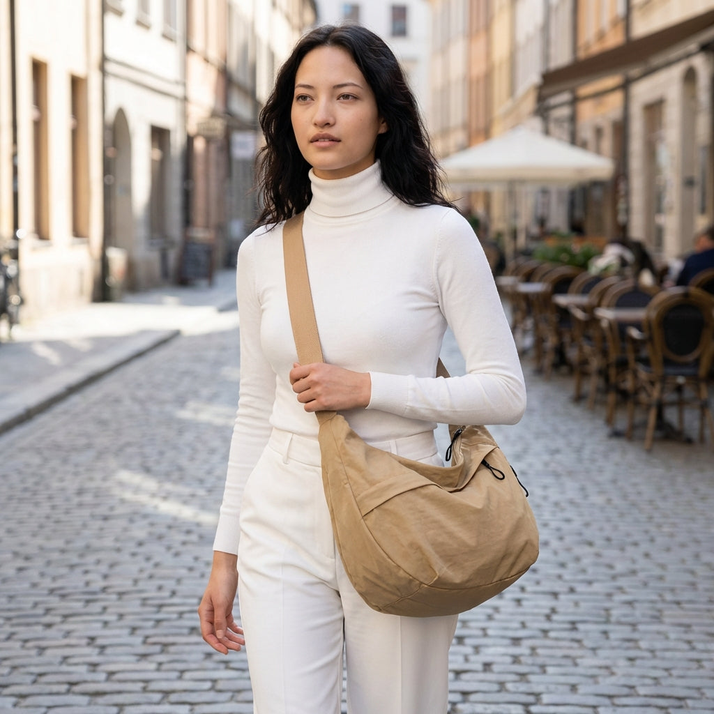 Close-up of a women's crescent shoulder bag, highlighting the unique braided strap and sleek design.