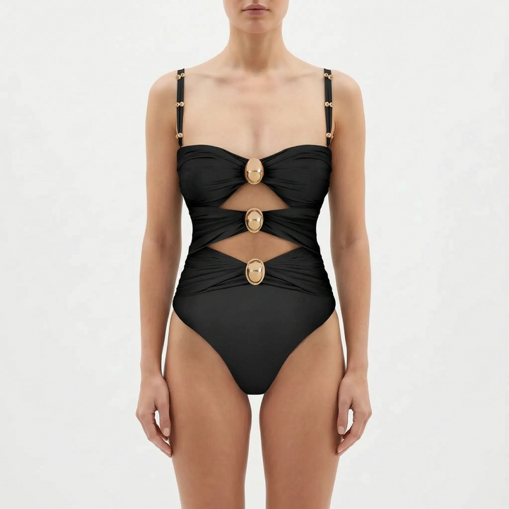 Eye-catching women's beachwear: cutout monokini with unique design.