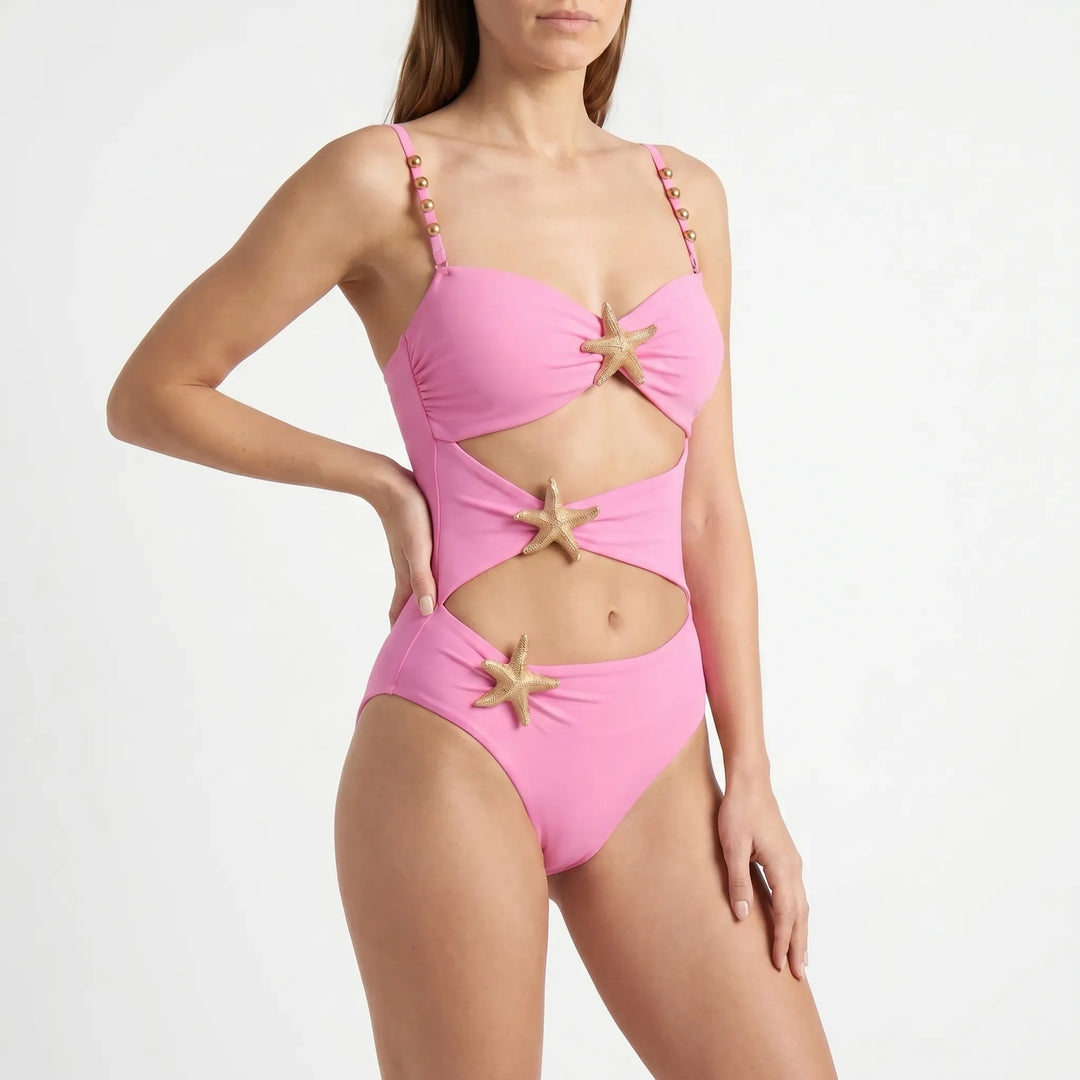 Embellished women's one-piece swimsuit, high-waisted and flattering.