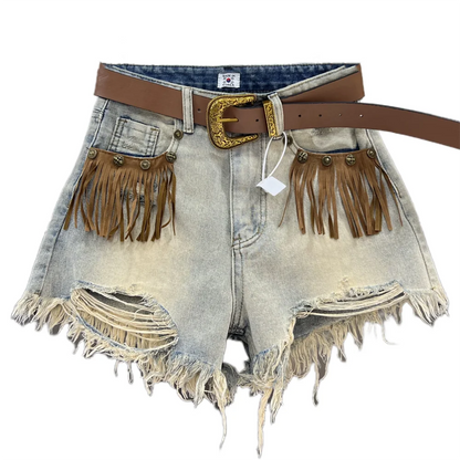Fashion-forward women's fringe denim shorts, a comfortable and stylish bottom for any occasion.