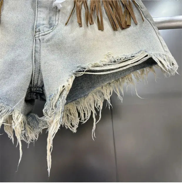 Khaki women's denim shorts with chic fringe detail, enhancing your casual summer wardrobe.