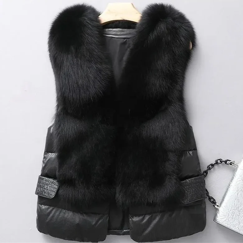 Soft faux fur quilted vest for women, a stylish sleeveless jacket. Ideal for winter fashion and layering outerwear.
