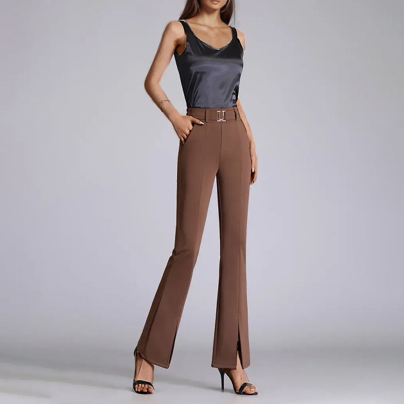 Eco-friendly women's flared pants. Comfortable mid-rise design, made from recycled fabric for sustainable style.