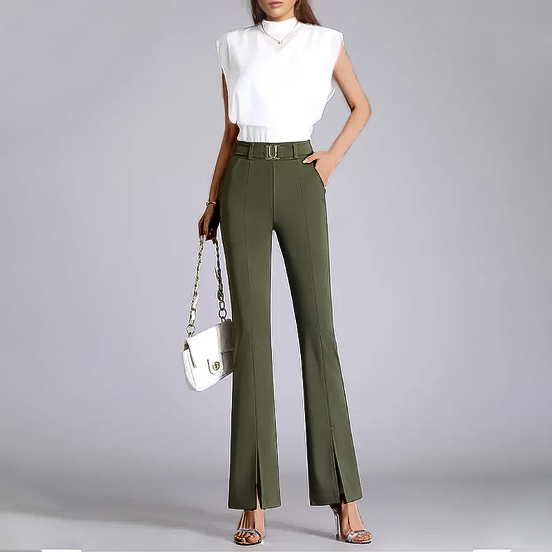 Comfortable women's flared pants. Mid-rise, sustainable eco-friendly fashion with recycled fabric. Versatile casual wear.