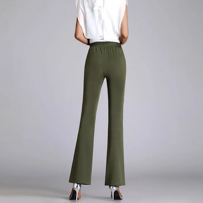 Chic women's flared trousers by Vittoria. Sustainable recycled fabric, comfortable mid-rise, excellent for workwear style.