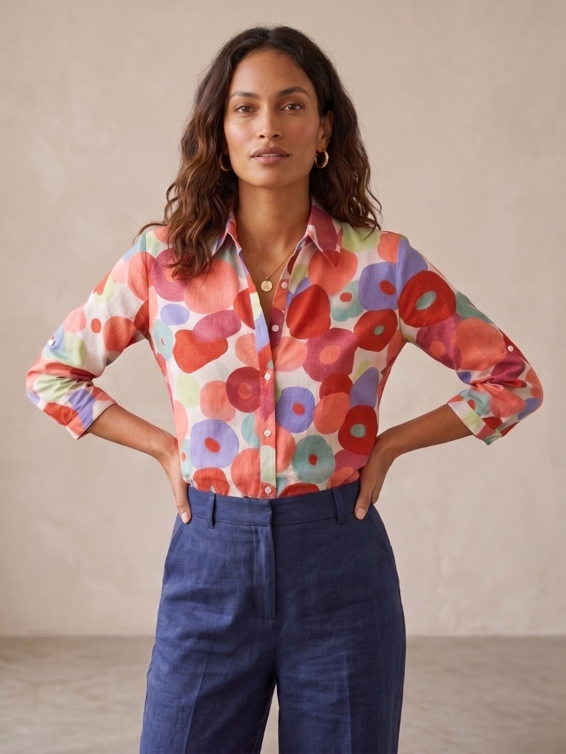 Women's chic floral button-down blouse with versatile roll-tab long sleeves, perfect for casual or everyday wear.