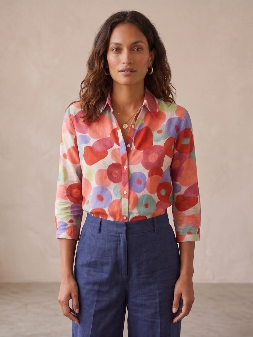Relaxed fit women's floral print button-down blouse featuring long roll-tab sleeves for versatile styling.