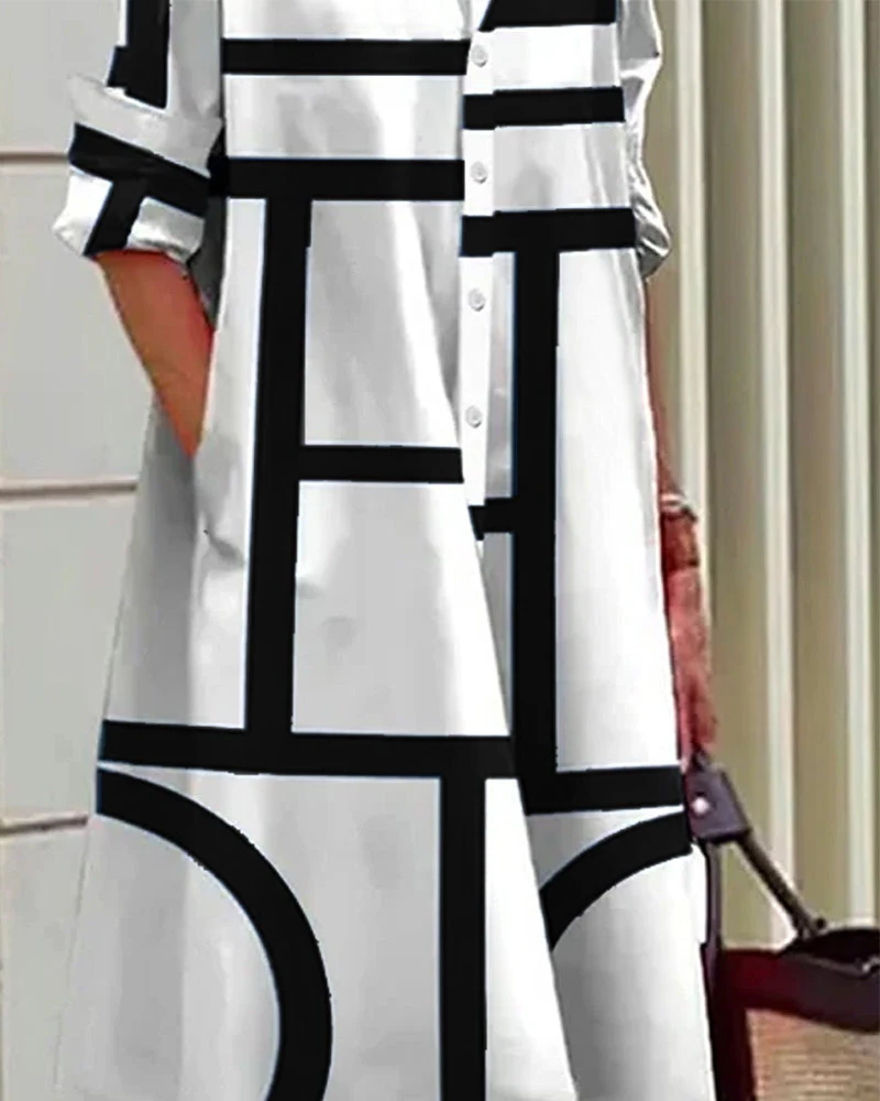 Chic women's geometric print dress featuring functional pockets, suitable for elegant spring style or versatile office.