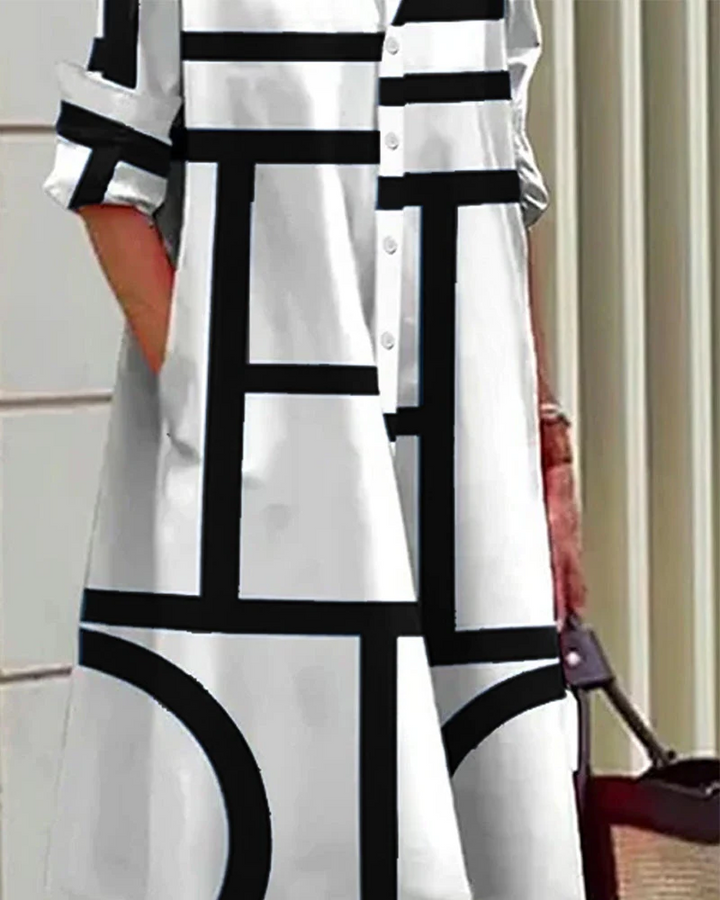 Chic women's geometric print dress featuring functional pockets, suitable for elegant spring style or versatile office.