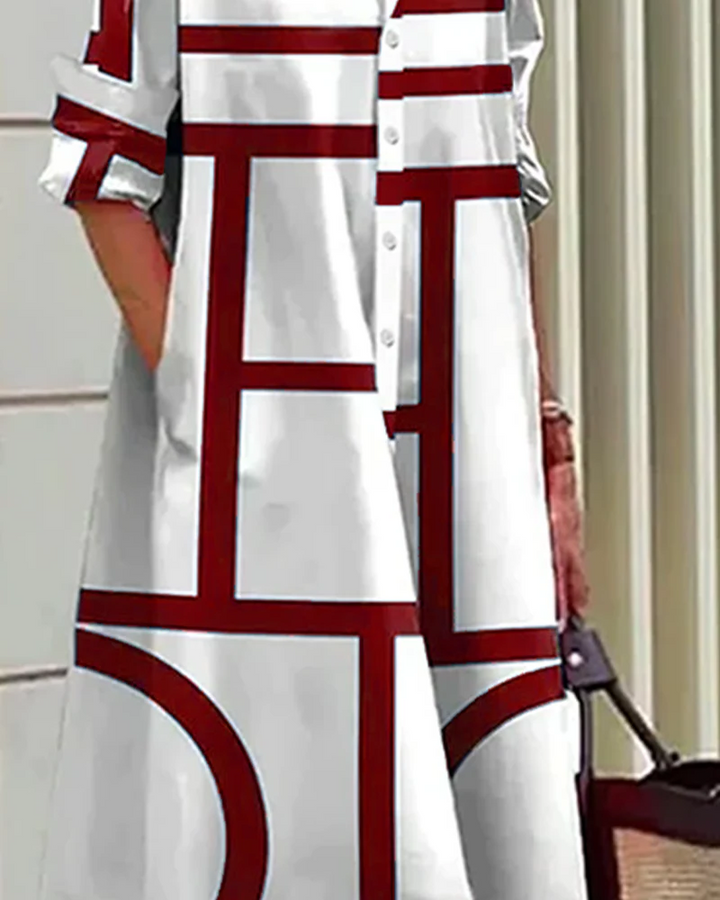 Versatile women's geometric print dress with pockets, perfect for elegant day wear, spring, summer, or office fashion.