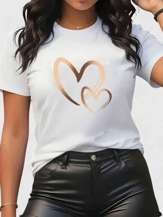 Women's chic heart print short sleeve t-shirt, a stylish graphic tee for everyday wear.