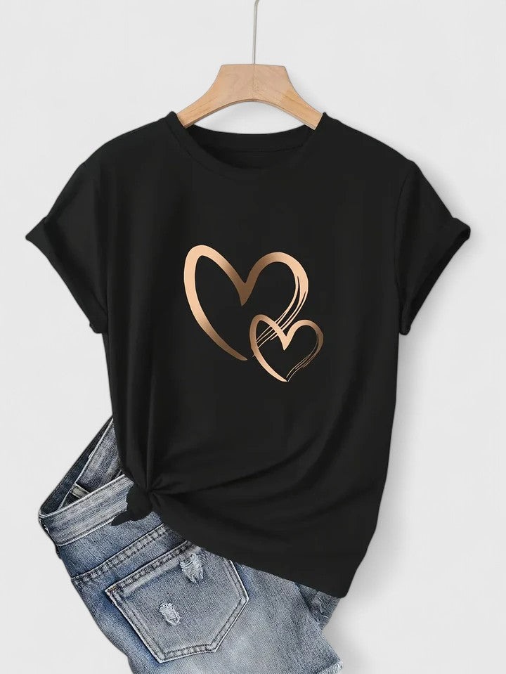 Everyday wear women's t-shirt, a chic short sleeve top with a fashionable heart print.