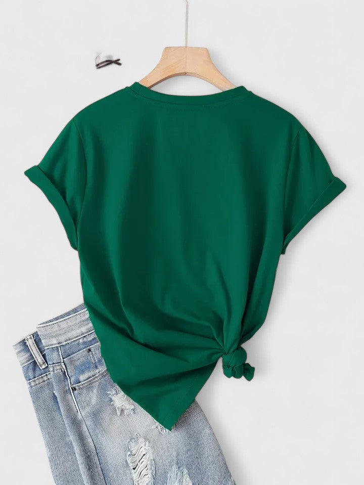 Chic women's short sleeve t-shirt with a delightful heart print, ideal for casual days.
