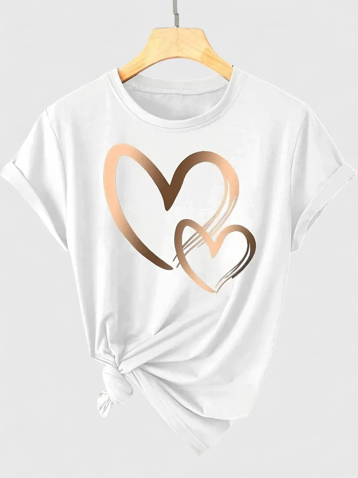 Women's summer style short sleeve t-shirt with a chic heart print, a casual and comfy top.