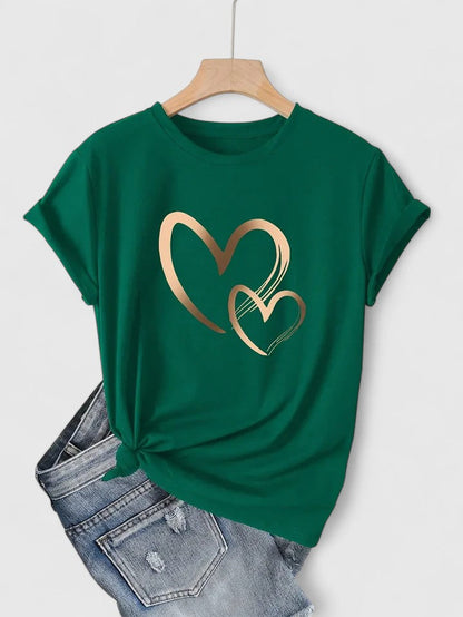 Chic women's heart print short sleeve t-shirt, a fashionable graphic tee for any casual look.