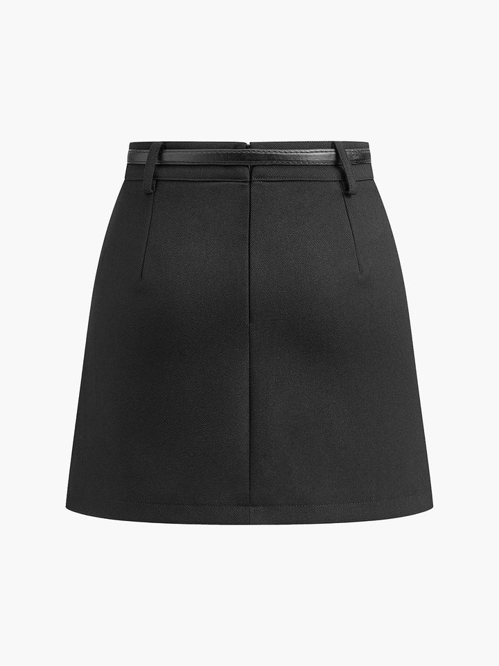 Chic black high-waisted A-line mini skirt with belt. Women's versatile fashion for office & evening.