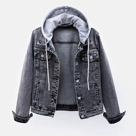Women's chic hooded everyday charcoal jacket, perfect for versatile urban spring & fall fashion outfits.