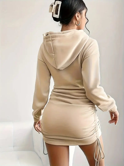 Chic women's fall hoodie dress with drawstring adjustable ruched sides, long sleeves.