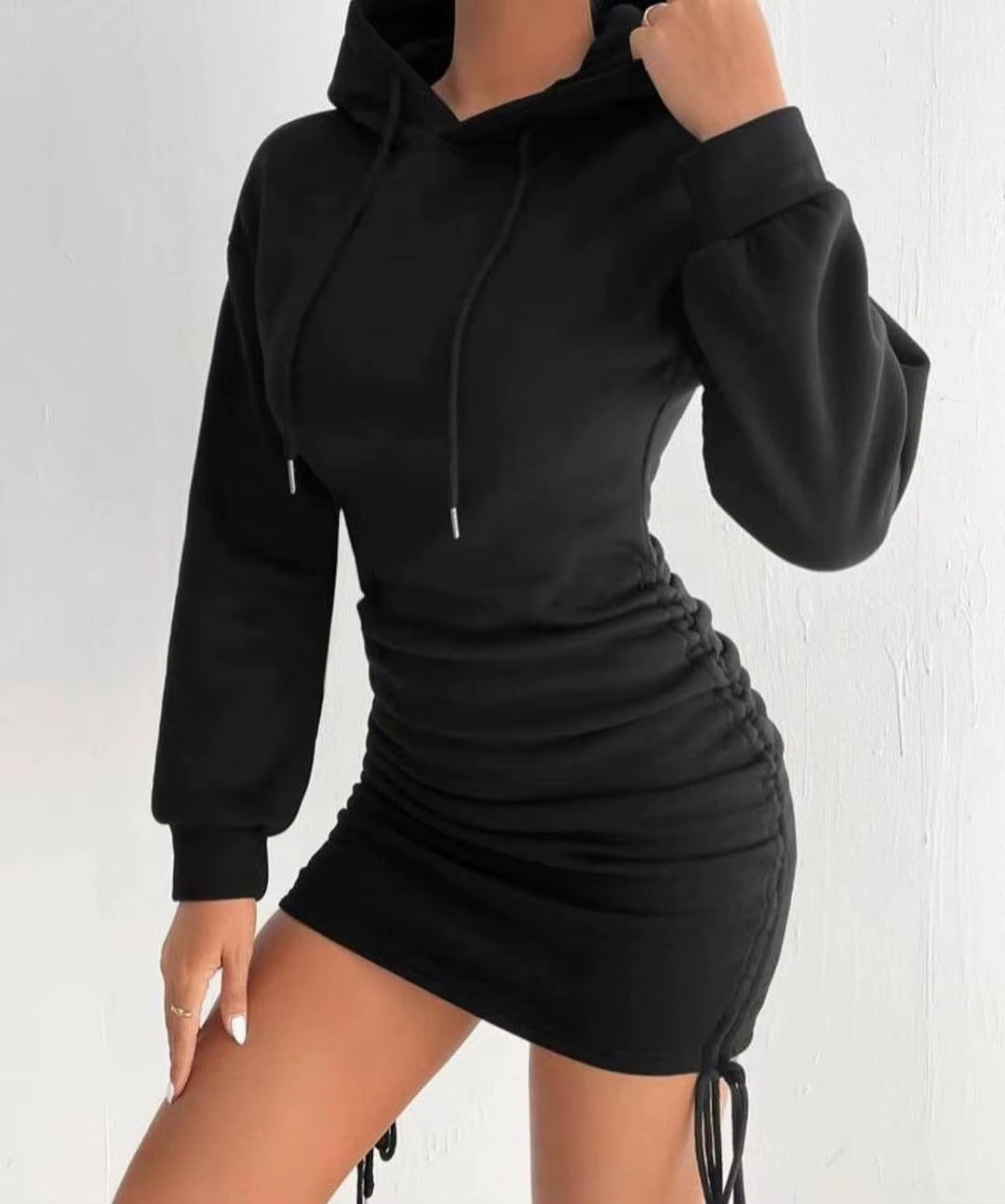 Everyday chic: women's ruched drawstring hoodie mini dress, comfortable and stylish loungewear.