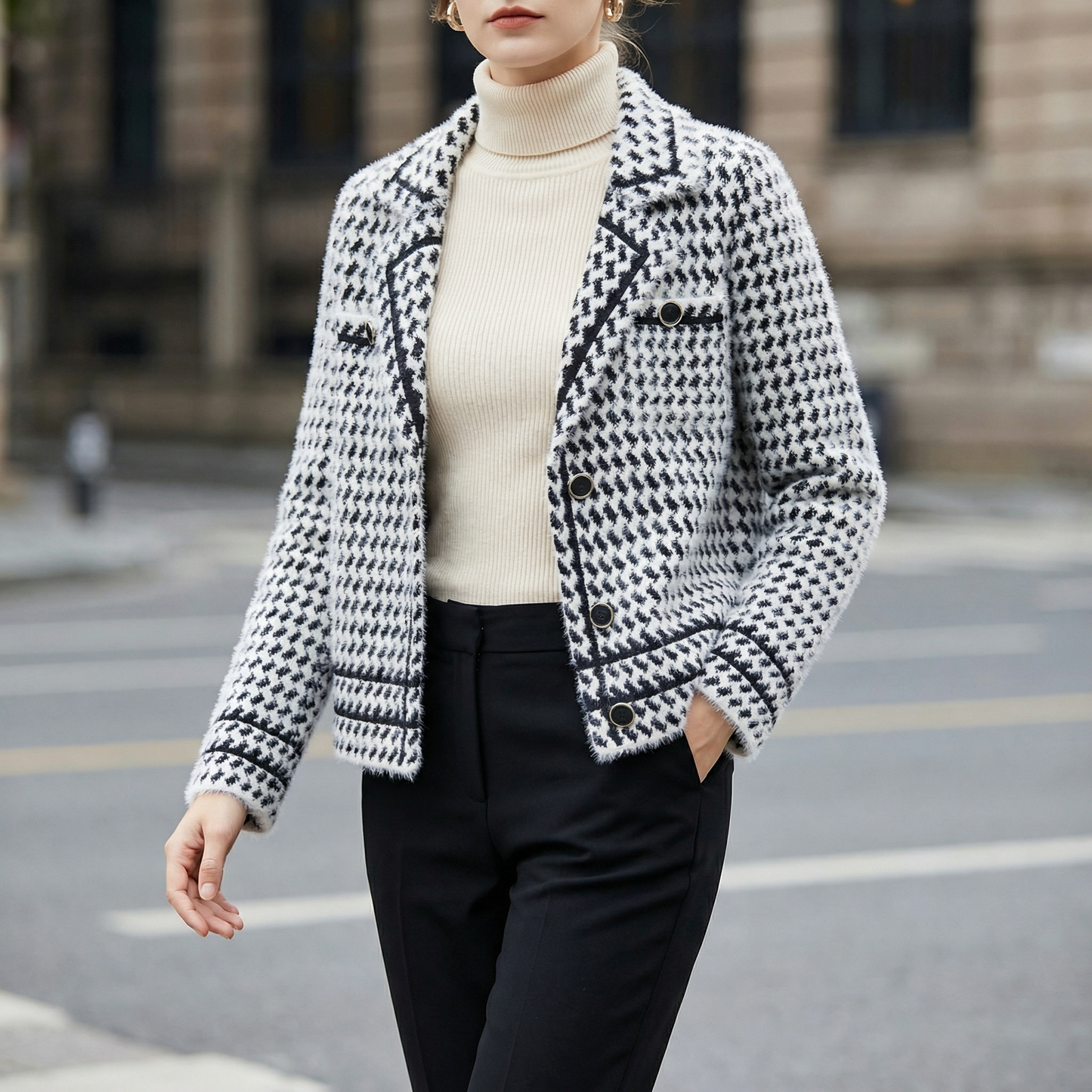 Women's chic houndstooth knit jacket, tailored for sophisticated style & elegant layering.