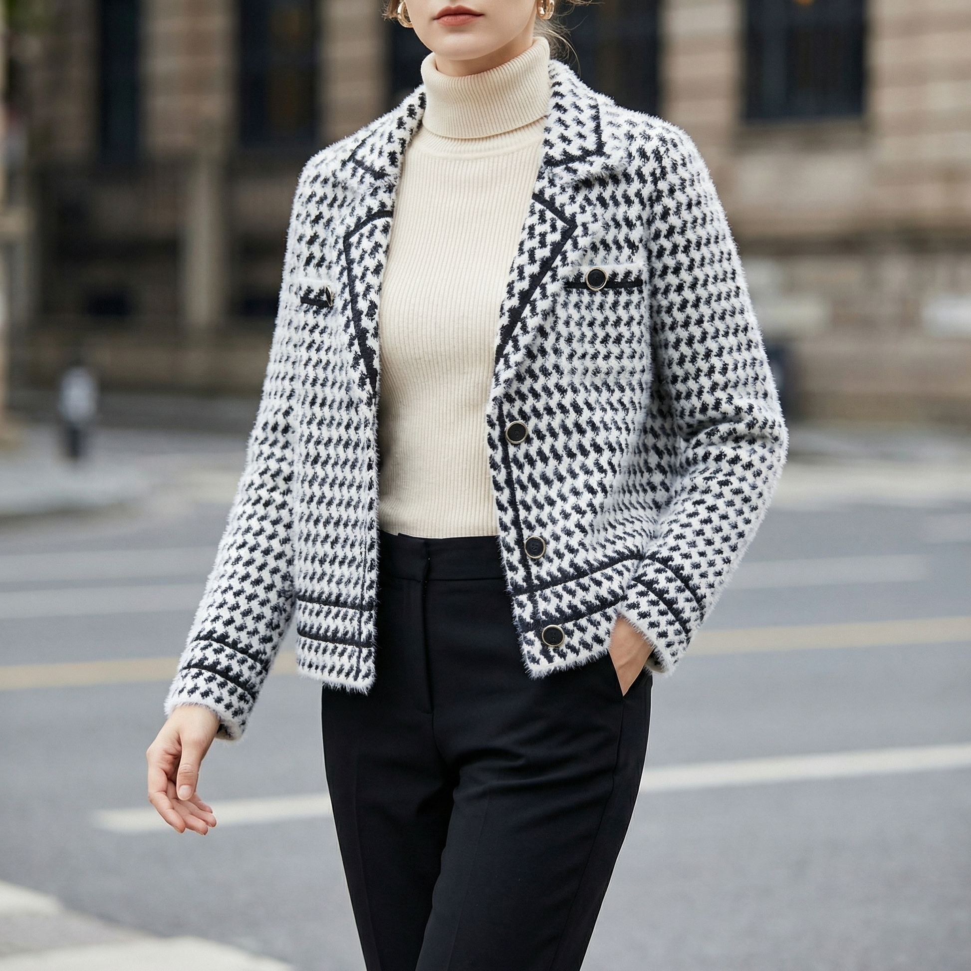 Women's chic houndstooth knit jacket, tailored for sophisticated style & elegant layering.