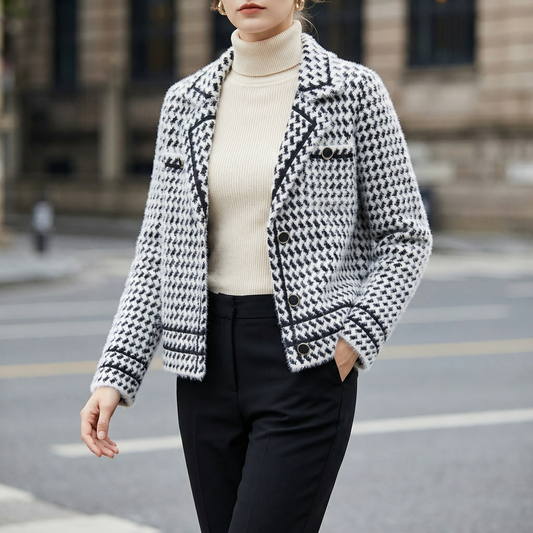 Women's chic houndstooth knit jacket, tailored for sophisticated style & elegant layering.