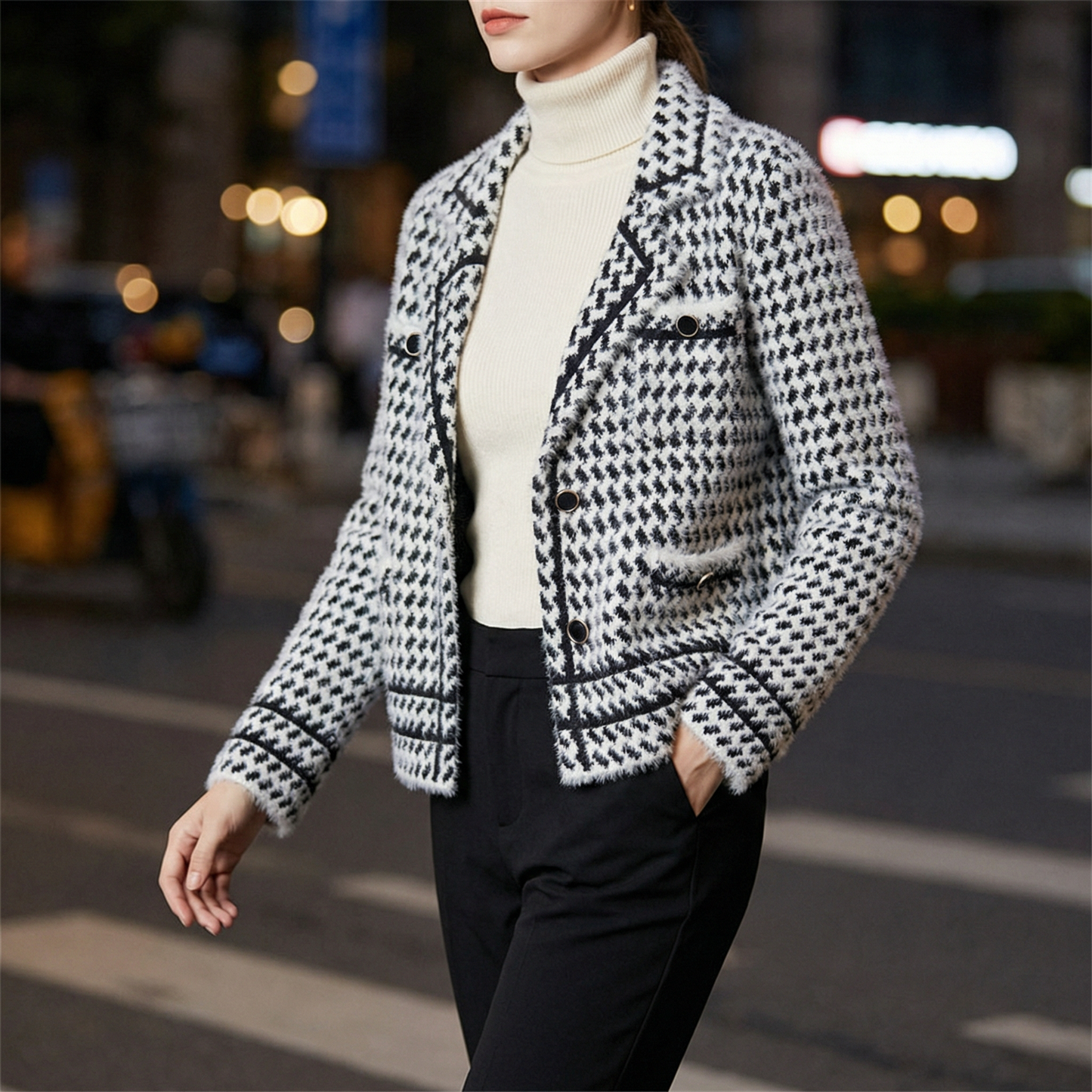 Camel & white houndstooth knit jacket for women, a chic tailored fashion piece.