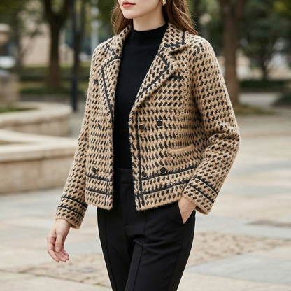 Cropped women's houndstooth knit jacket, tailored for elegant & sophisticated style.