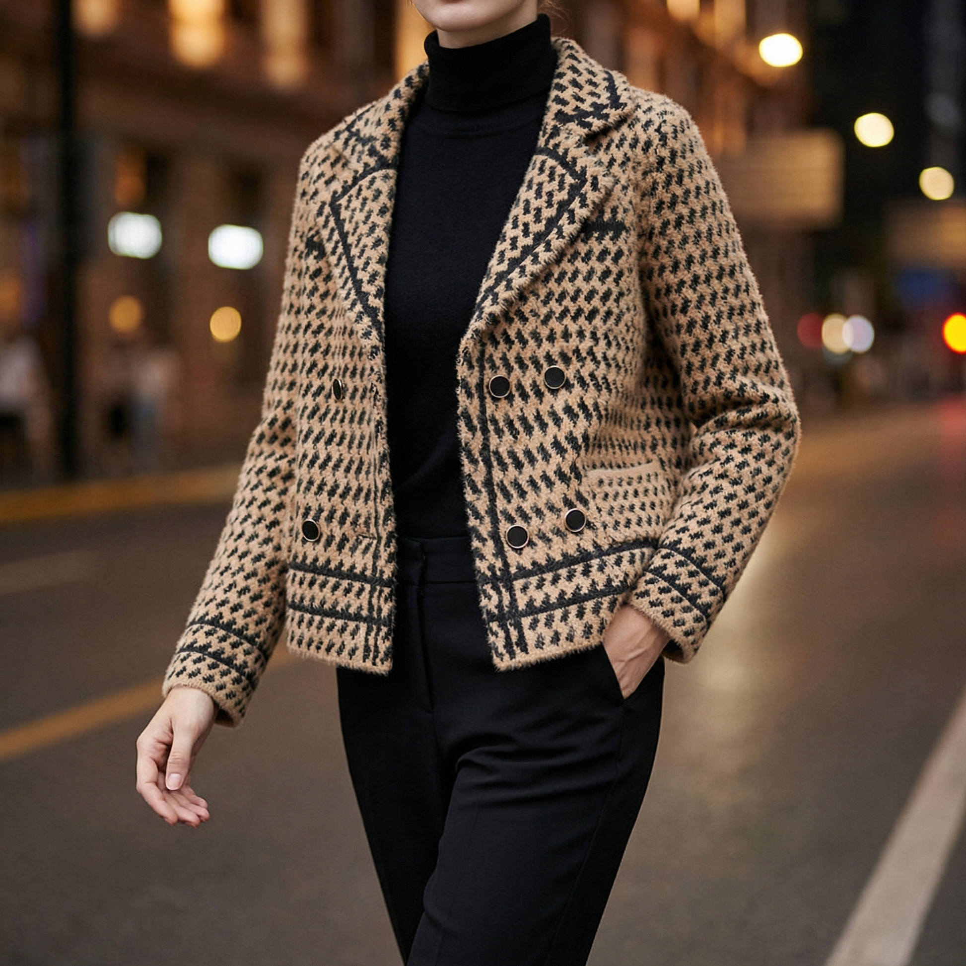 Soft knit houndstooth jacket, a tailored women's piece for chic layering.