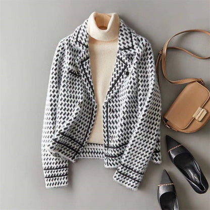 Sophisticated women's houndstooth knit jacket, tailored & elegant outerwear for any occasion.