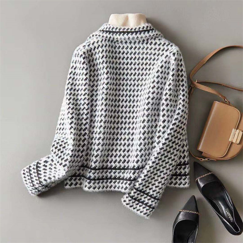 Women's tailored houndstooth knit jacket, perfect for chic layering & elegant fashion.