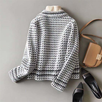 Women's tailored houndstooth knit jacket, perfect for chic layering & elegant fashion.