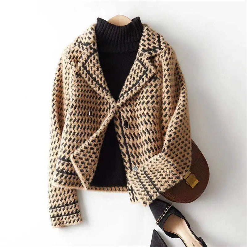 Camel & white houndstooth women's knit jacket, a chic tailored piece for elegant outerwear.