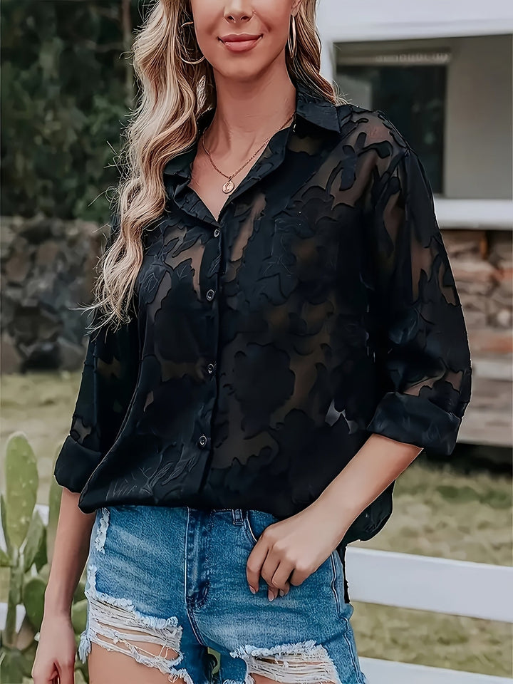 Women's chic jacquard V-neck long sleeve blouse, perfect for elegant office wear & evening events.