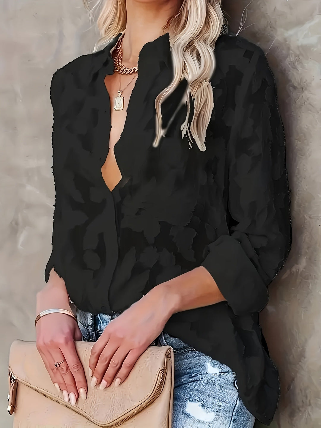 Stylish women's V-neck long sleeve blouse with a delicate jacquard pattern, great for office or evening.