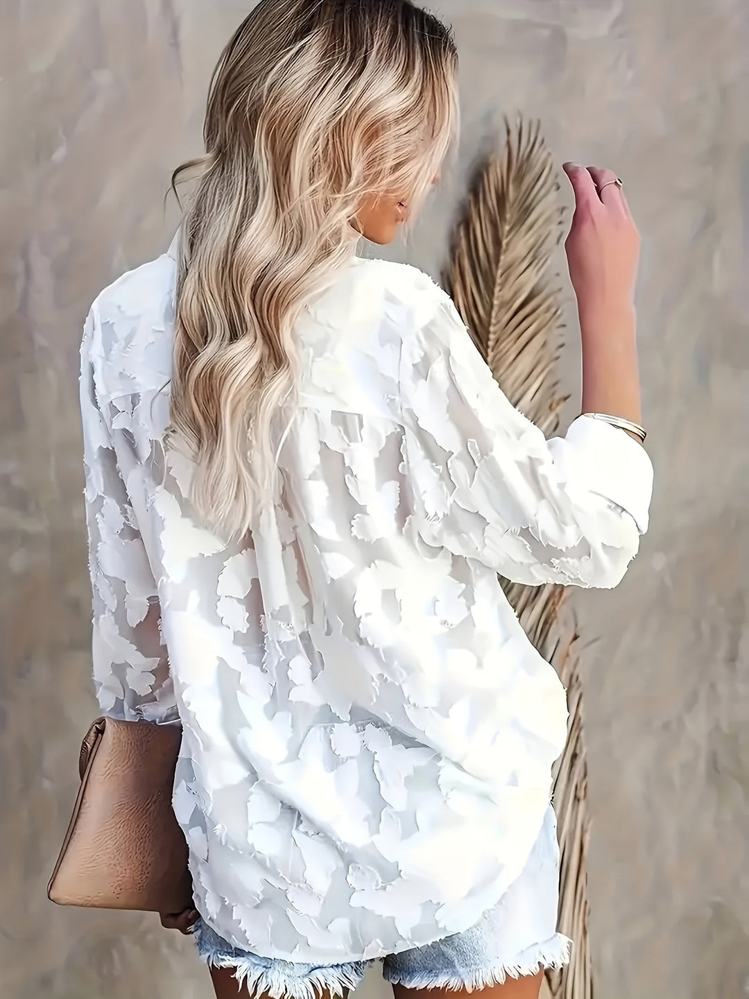 Chic women's long sleeve jacquard V-neck shirt, an elegant and comfortable choice for versatile fashion.