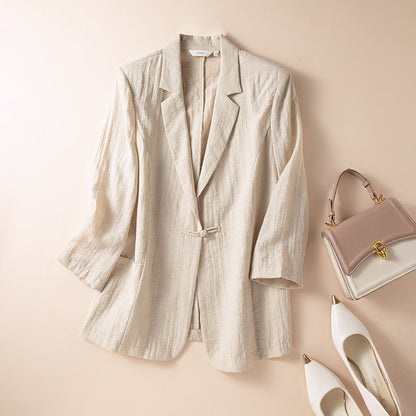 Versatile women's knot-front blazer, ideal for professional attire or casual chic layering. Effortless style.