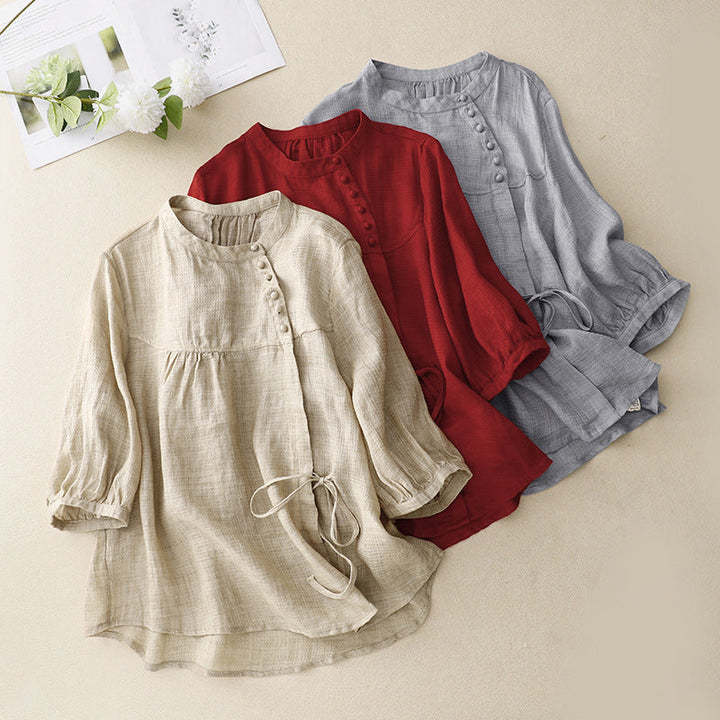 Chic women's puff sleeve wrap shirt, offering a flattering fit & versatile style for elegant casual spring fashion.