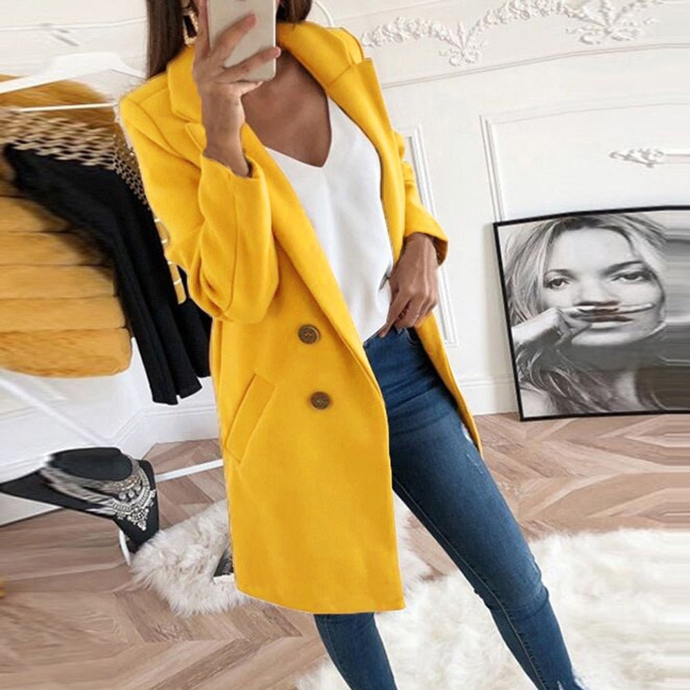 Stylish women's long blazer coat, chic outerwear for fall fashion and elegant winter layering.