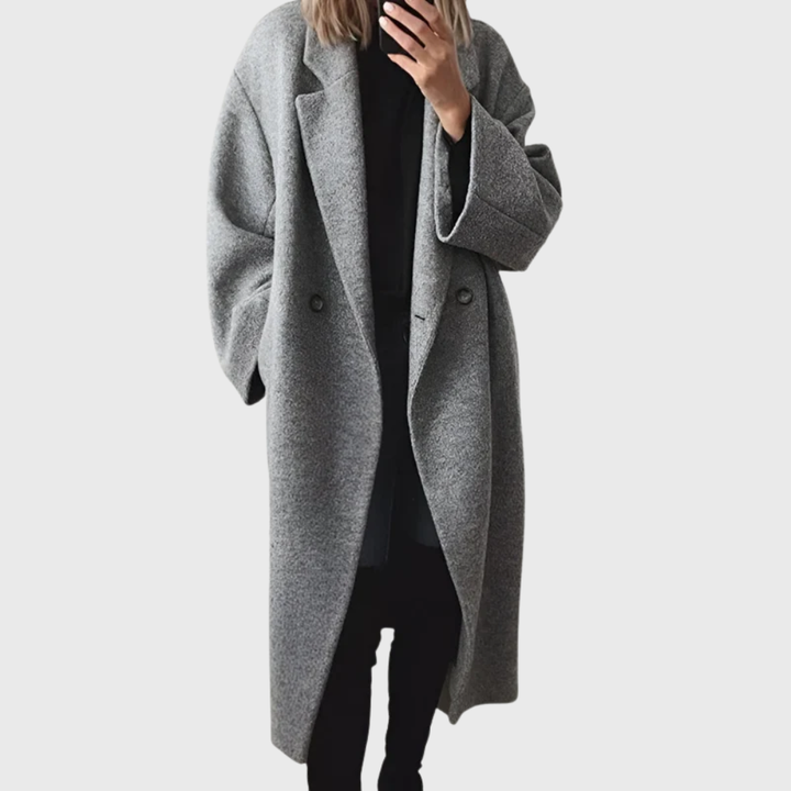 Women's chic longline winter coat in a cozy fabric. Elegant overcoat perfect for stylish daily wear & warmth.