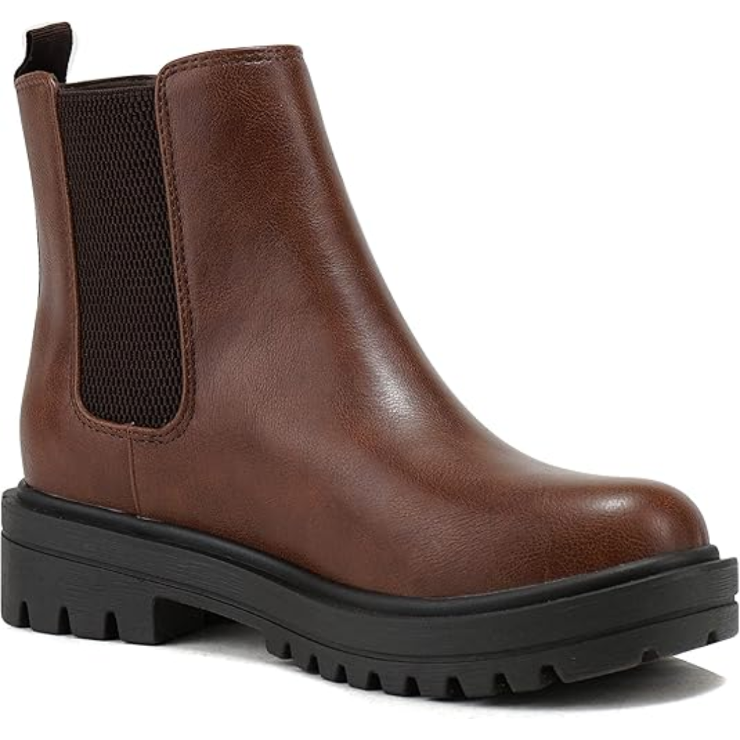 Women's stylish low heel block heel Chelsea ankle boots, comfortable for fall & winter.