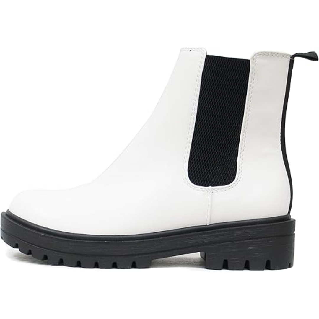 Smooth black women's Chelsea ankle boots with a low block heel, slip-on design.