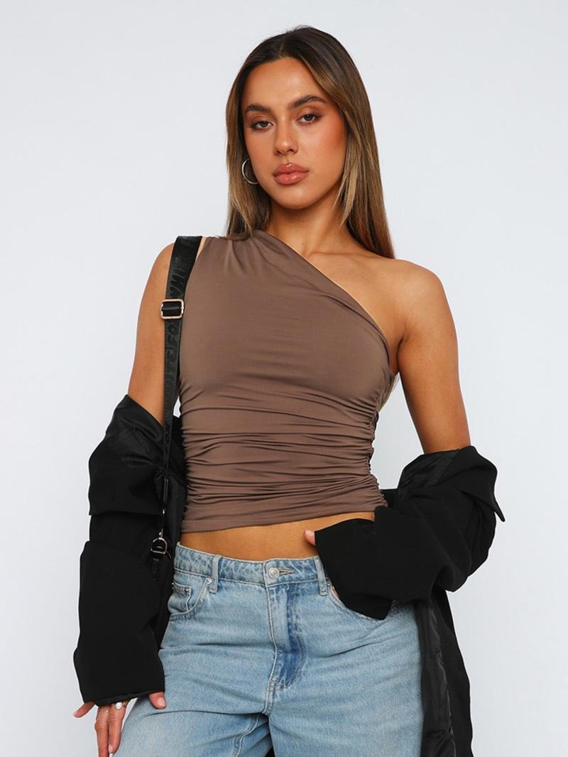 Versatile women's one-shoulder ruched top. Chic for parties, effortless for casual wear. Modern elegant style.