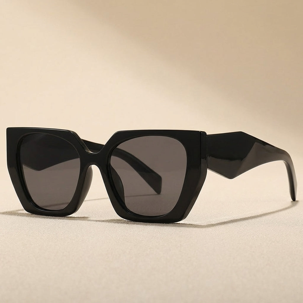 Geometric silver blue oversized cat eye sunglasses for women, trendy UV400 protection.