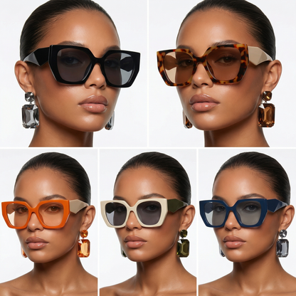 Chic women's cat eye sunglasses, oversized design in various colors with UV400 protection.