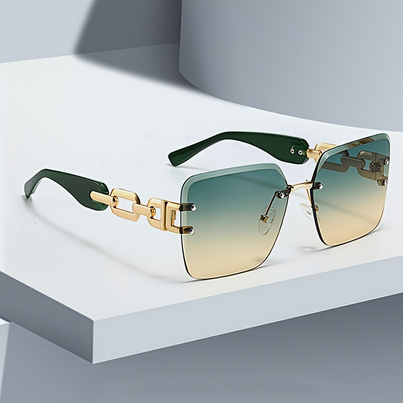 Square rimless women's sunglasses, chic gold chain detail, modern fashion accessory with UV400 lenses.